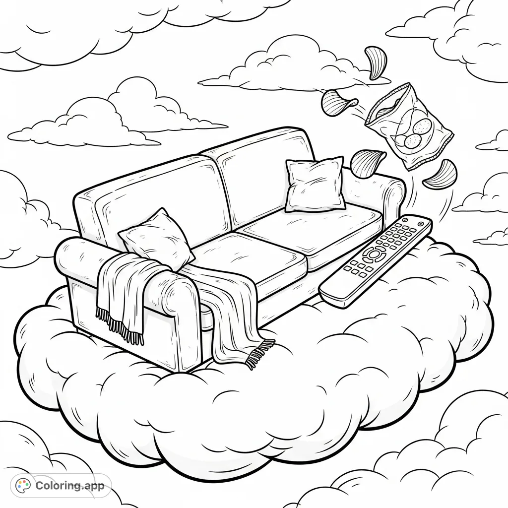 Drift into a whimsical world with this floating couch coloring page. A cozy sofa on a cloud, with a remote and chips suspended in a surreal sky.