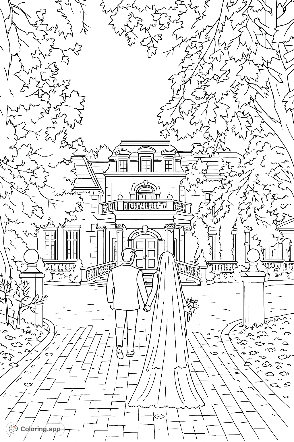 An elegant couple walks towards a majestic mansion, surrounded by lush foliage. A romantic scene perfect for a wedding-themed coloring page.