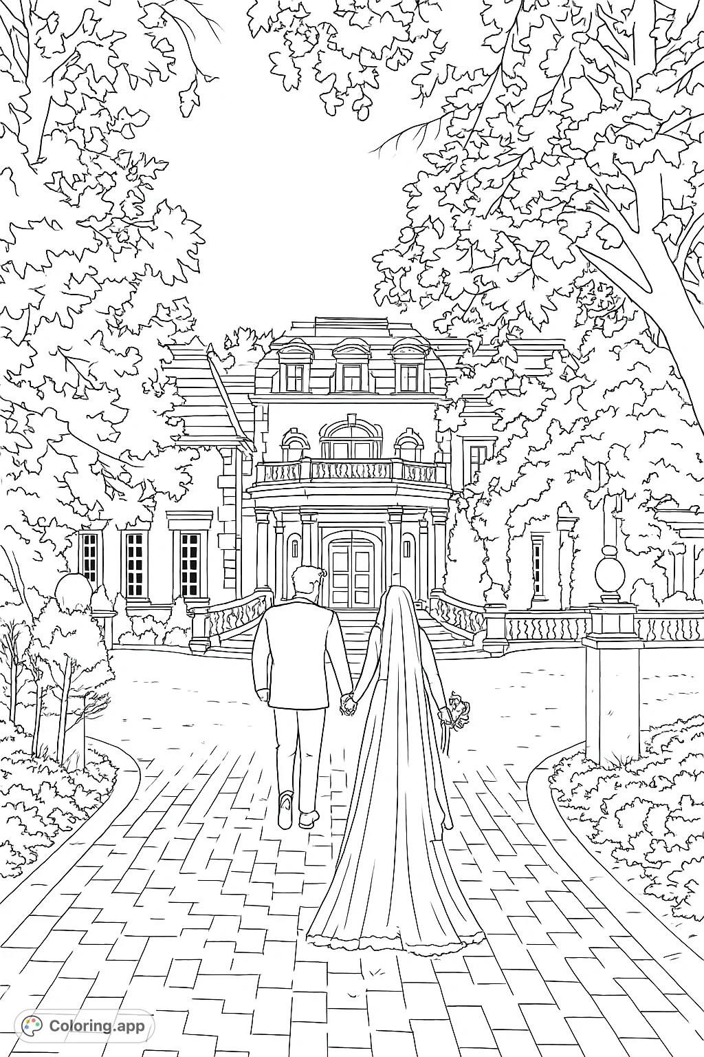 An elegant couple walks towards a majestic mansion, surrounded by lush foliage. A romantic scene perfect for a wedding-themed coloring page.