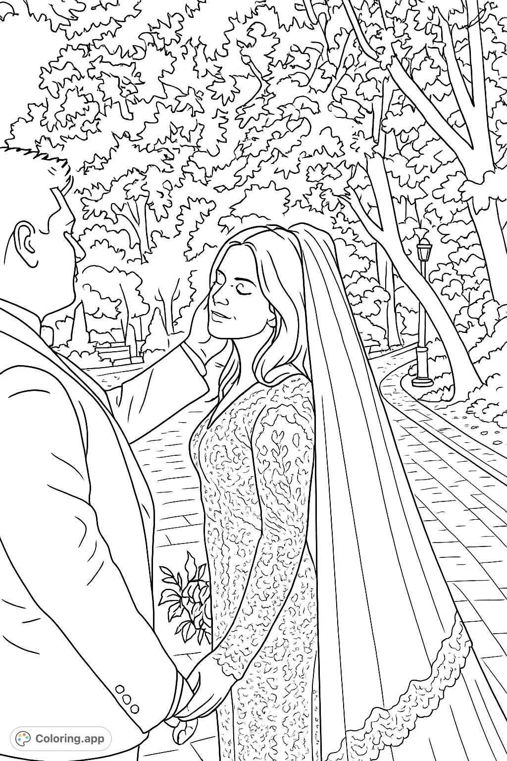 Capture a tender wedding moment with this romantic coloring page. Features a couple in formal attire amidst lush outdoor scenery, perfect for celebrating love.