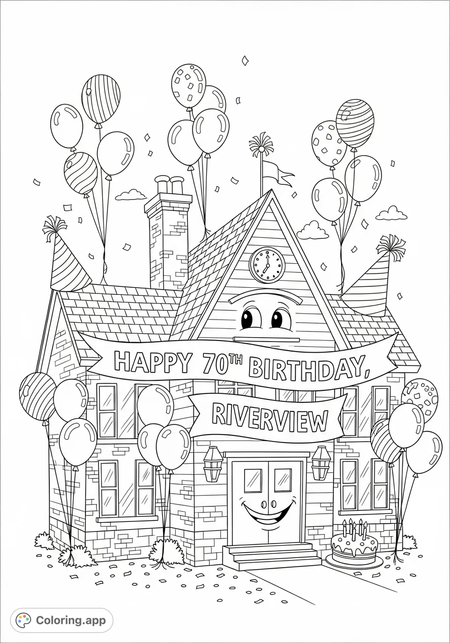 Celebrate Riverview's 70th birthday with this charming anthropomorphic schoolhouse coloring page, featuring balloons, confetti, and a festive banner.