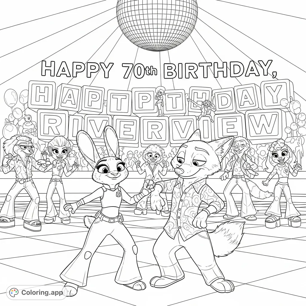 Join Judy, Nick, and friends in a groovy 70s disco celebration for Riverview's 70th birthday! A fun Zootopia coloring page with retro fashion and party vibes.