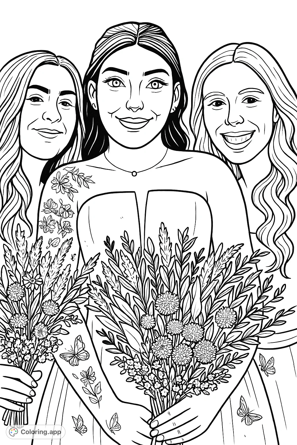 A joyful bridal party coloring page featuring three smiling women holding elaborate bouquets. Perfect for a cartoony style with bold outlines and intricate details.