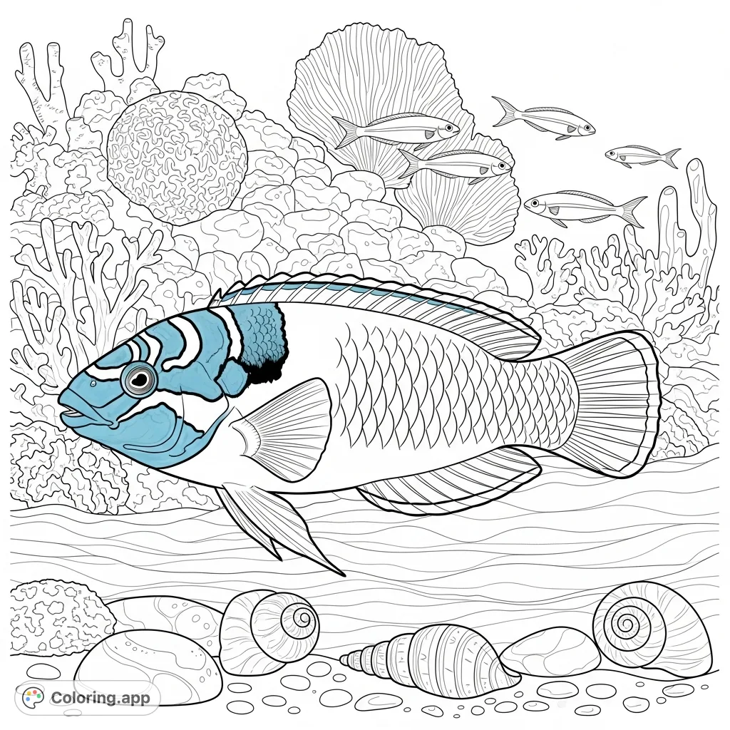 Explore an underwater world with a prominent blueheaded wrasse, surrounded by a subtle reef, smaller fish, and a textured seabed with shells.