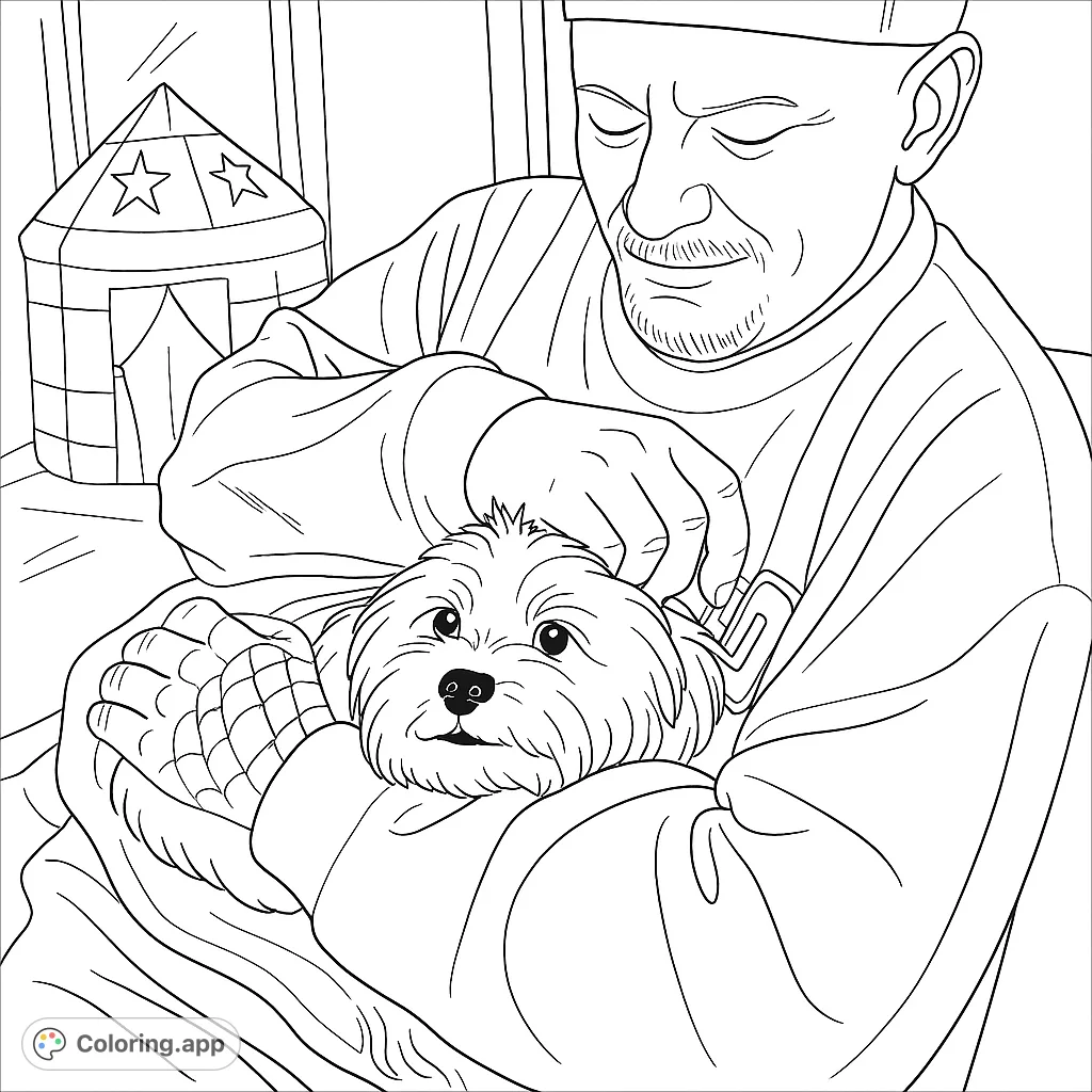 A heartwarming scene featuring a person gently holding a fluffy small dog, perfect for a cozy coloring session. Explore textures and patterns in this delightful pet portrait.