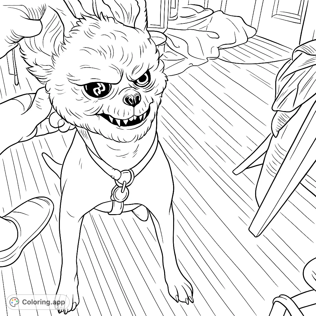 A unique coloring page featuring a dog wearing a whimsical yet slightly eerie animal mask, perfect for creative expression and imaginative fun.