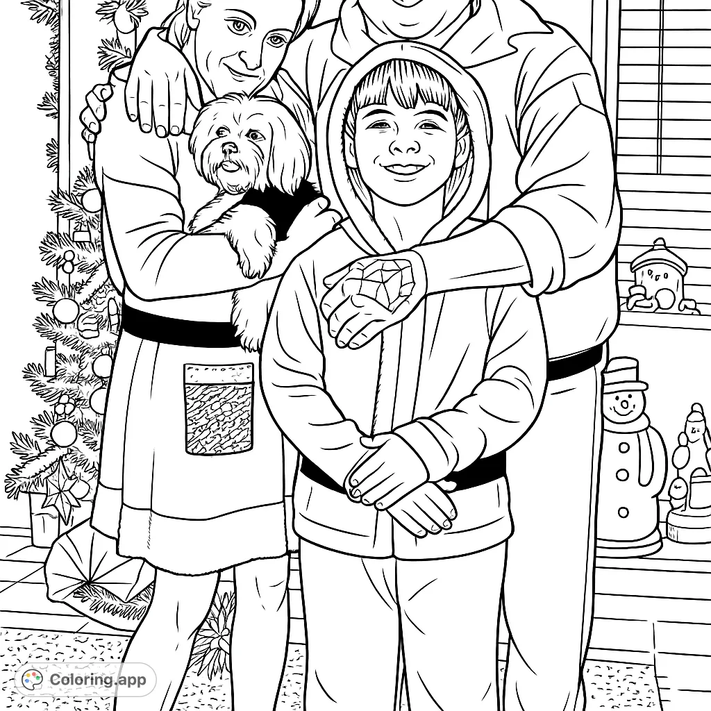 A joyful family, including a child and a fluffy dog, dressed in festive attire, standing by a decorated tree. Perfect for holiday coloring fun!