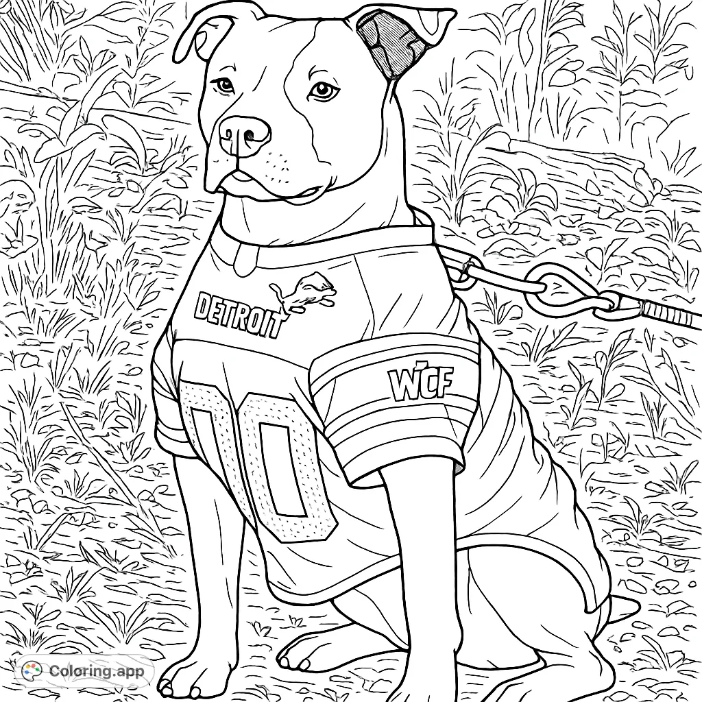 A charming dog proudly wears a sports jersey, ready for game day. This fun coloring page is perfect for sports fans and animal lovers alike.