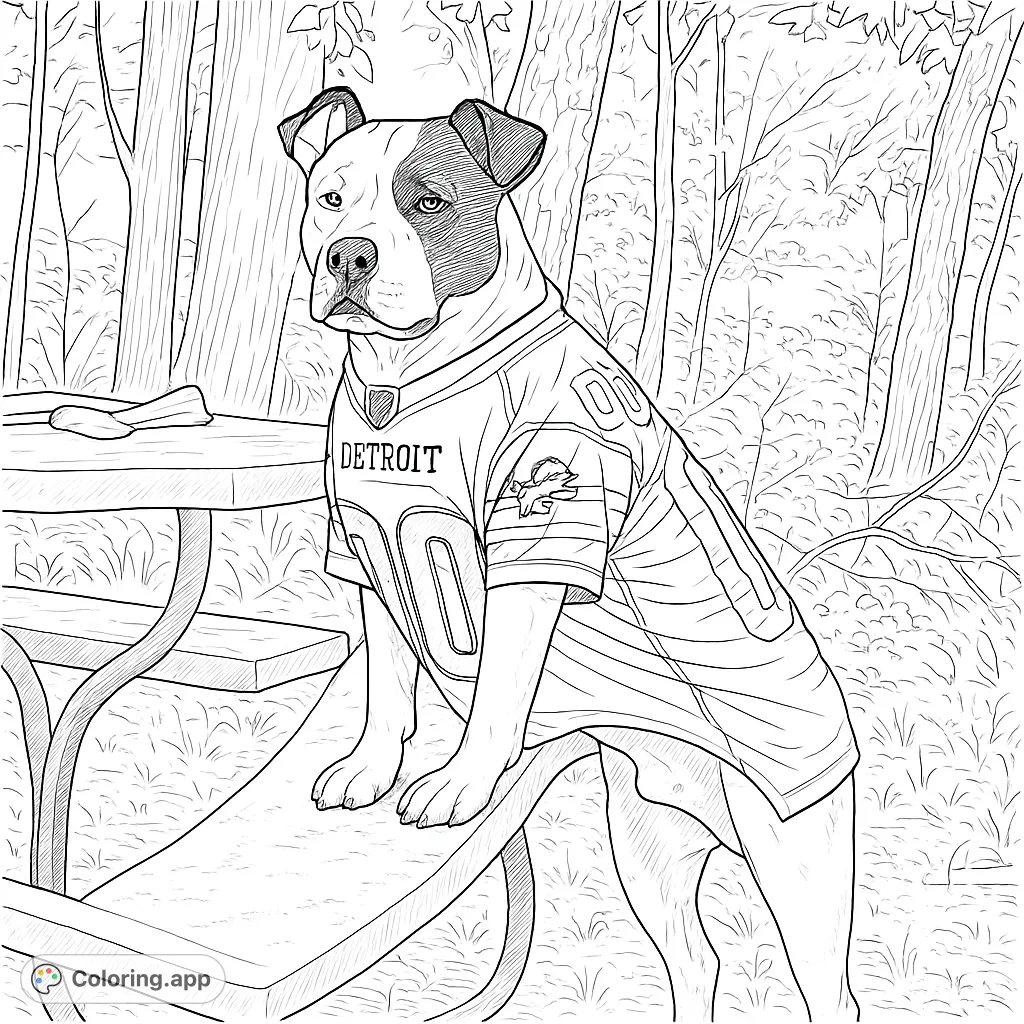 A charming dog in a sports jersey poses on a picnic bench amidst a leafy outdoor setting, perfect for sports fans and animal lovers.