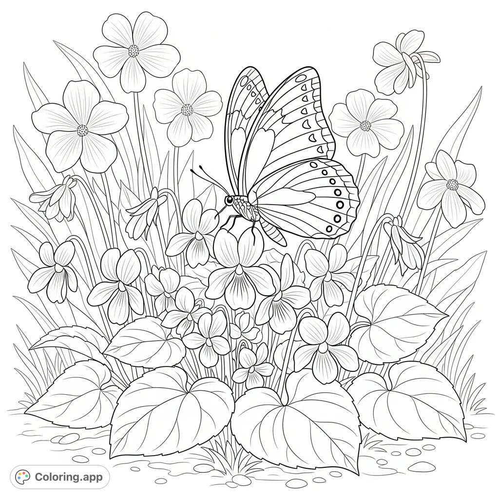 Discover a charming garden scene featuring a delicate butterfly resting on beautiful violets. A delightful nature coloring page for all ages.