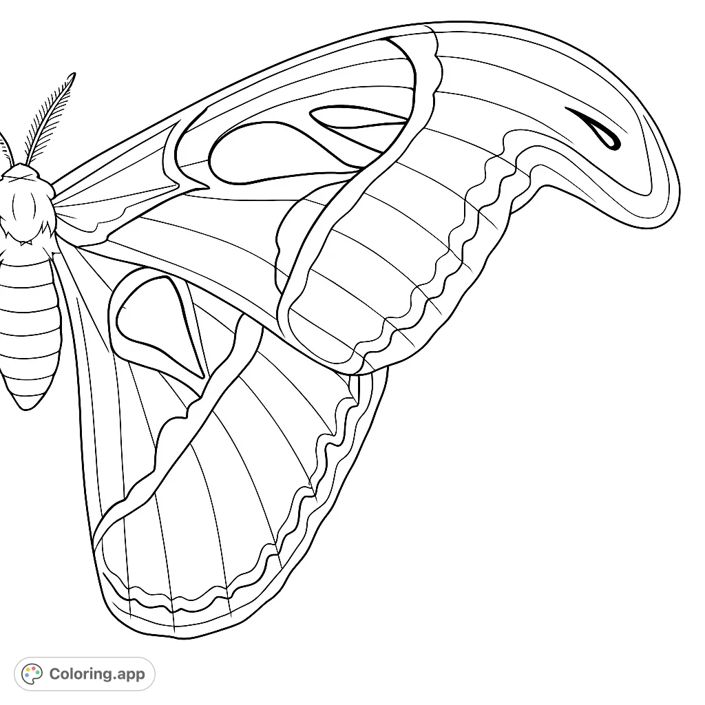 Explore the intricate patterns of a majestic Atlas Moth wing, a detailed nature coloring page perfect for all ages.