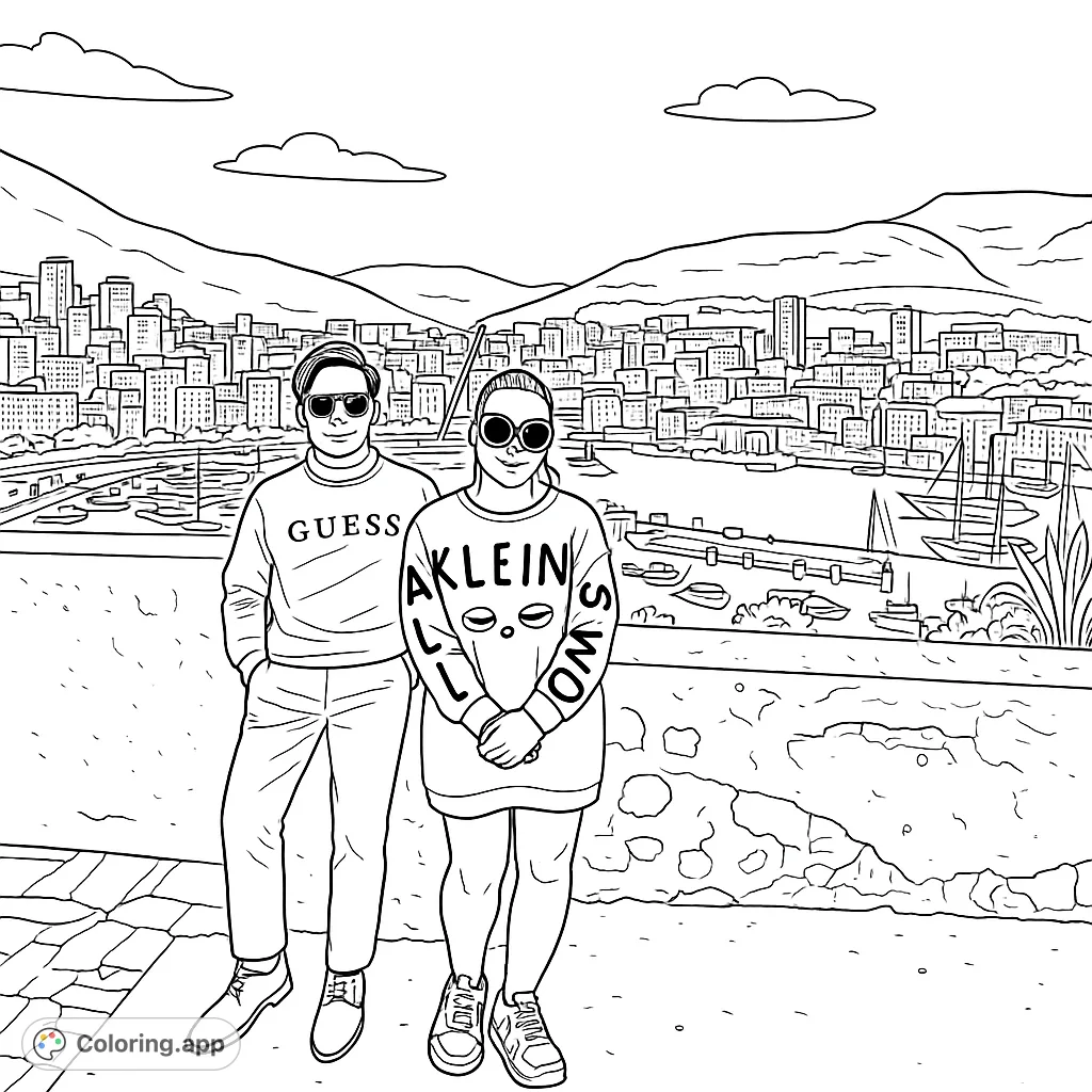 A couple poses against a stunning cityscape and bustling harbor view, with majestic mountains in the distance. A detailed scene for a relaxing coloring experience.