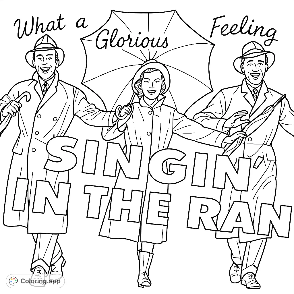A delightful scene featuring three smiling figures in raincoats and hats, with an umbrella, captured in a moment of joyful dance. A classic musical tribute.