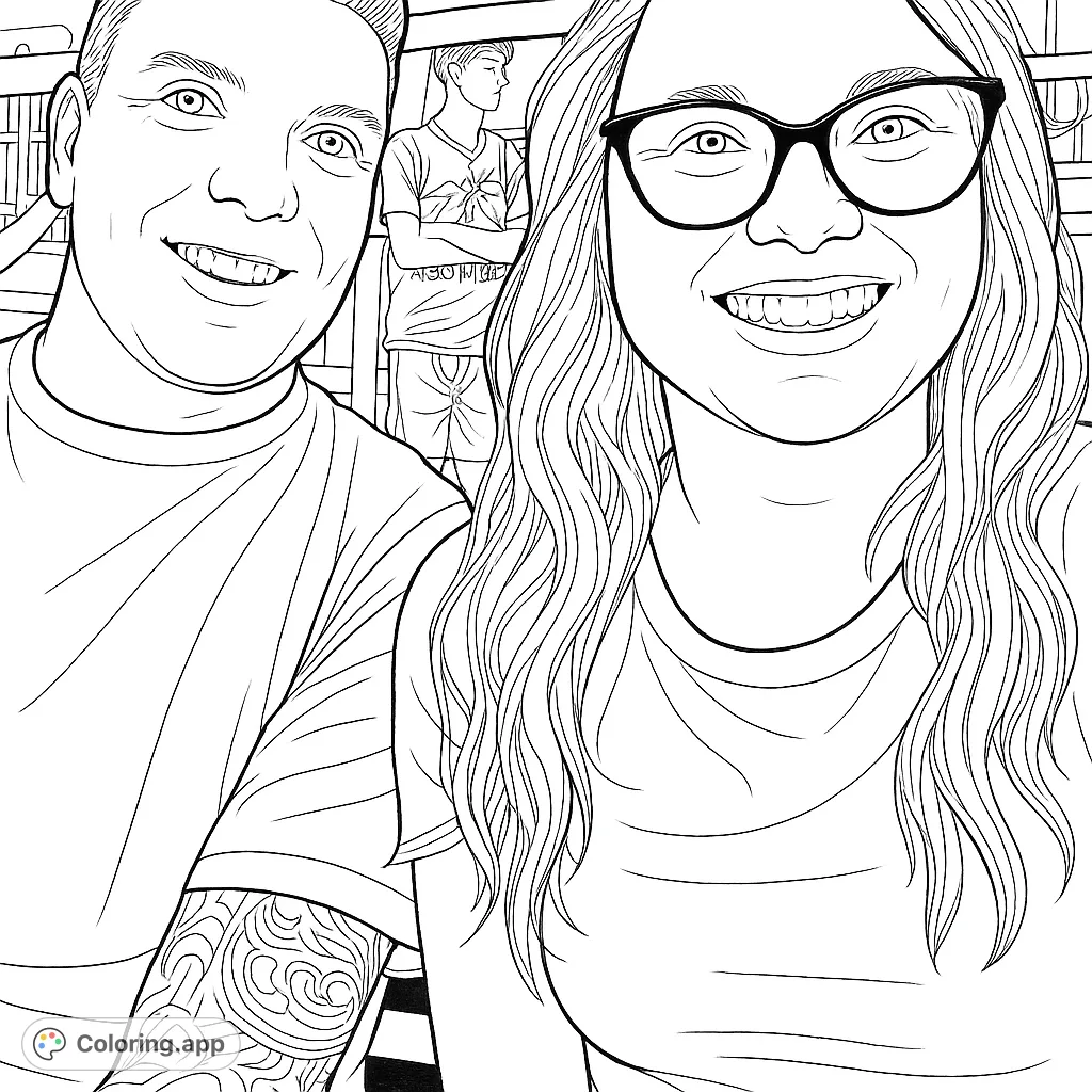 A heartwarming portrait of a smiling couple, perfect for personalizing with your favorite shades. Features a man with a tattoo and a woman with glasses.