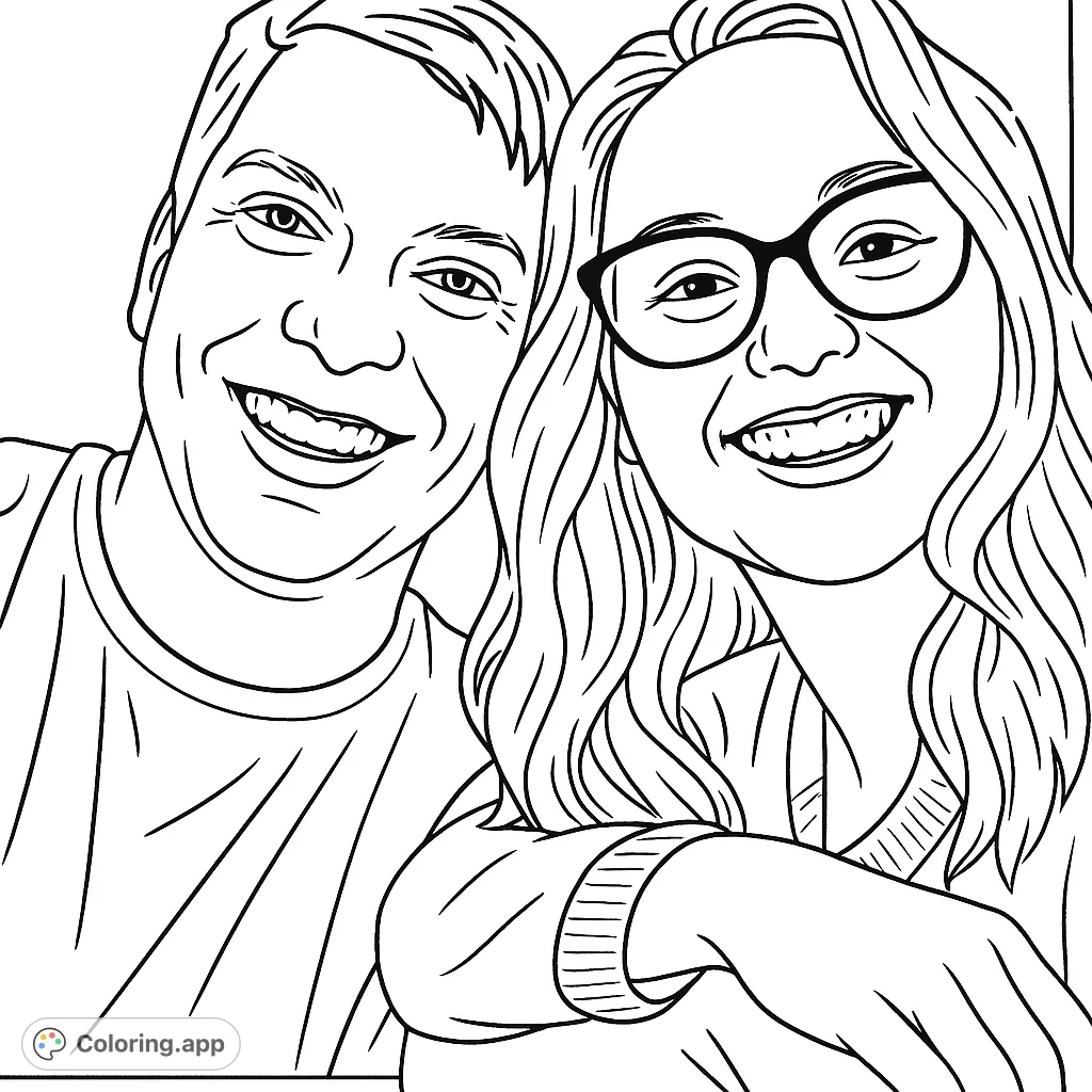 A heartwarming coloring page featuring a smiling couple, perfect for celebrating connection and joy. Express your creativity with this delightful portrait.