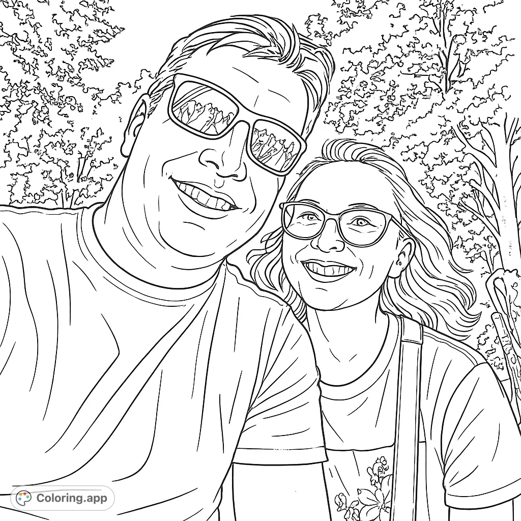 A cheerful couple smiles for a close-up portrait outdoors, with foliage and sky in the background. Perfect for personalizing with your favorite colors.