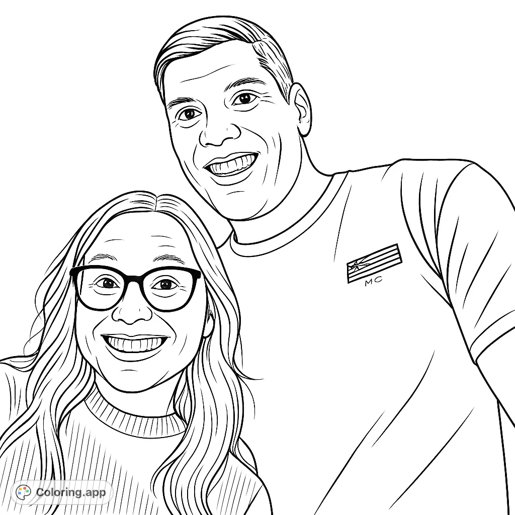 A cheerful coloring page featuring a smiling woman in glasses and a happy man, perfect for personalizing with your favorite hues and celebrating connections.