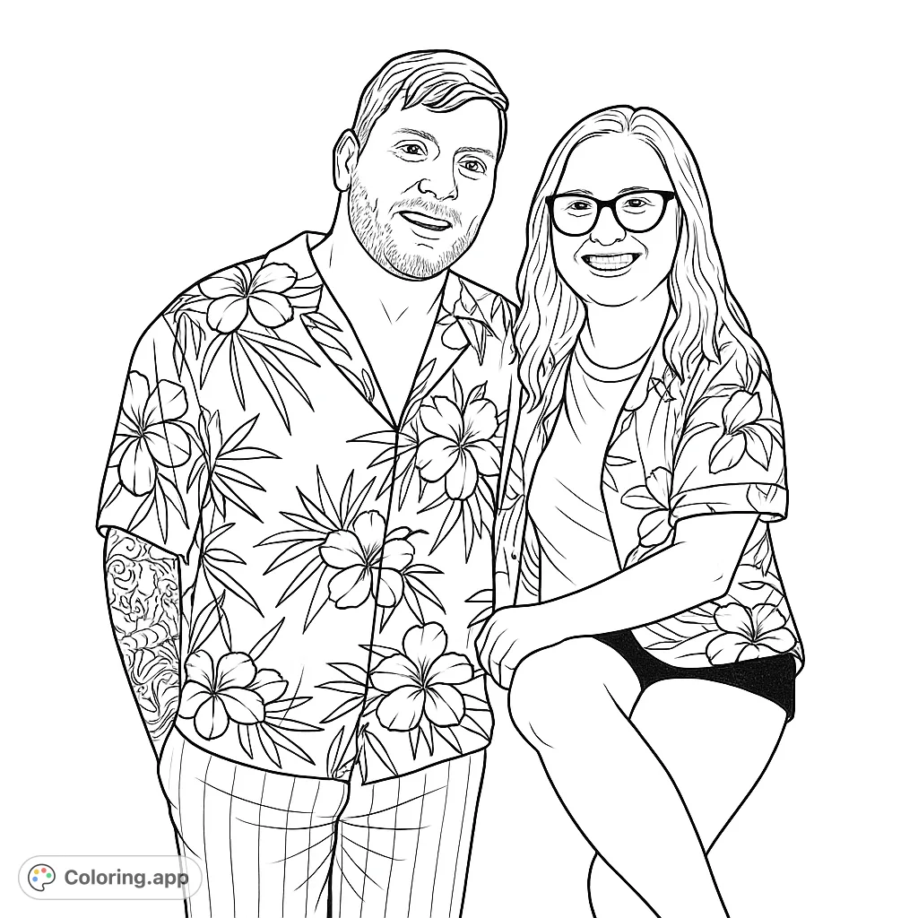 A cheerful couple in matching floral shirts, ready for a vibrant coloring adventure. Perfect for a fun, tropical escape.