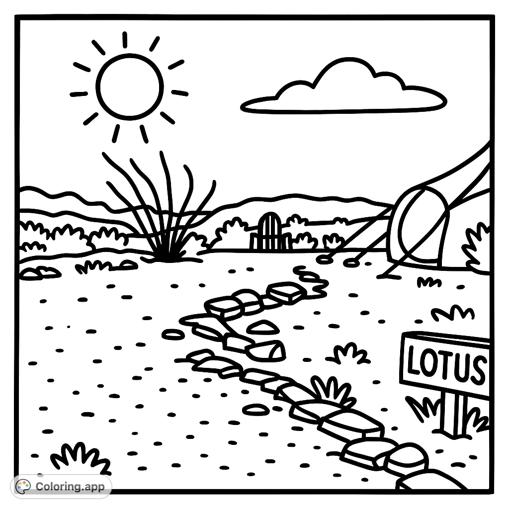 Explore a serene desert glamping scene with a cozy tent, rocky path, and distant mountains under a bright sun. Perfect for a relaxing coloring escape.