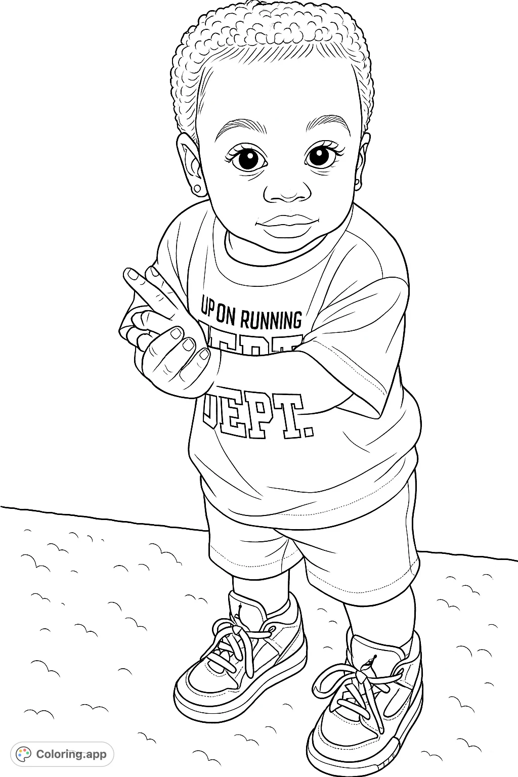 An adorable toddler stands making a peace sign, dressed in a t-shirt, shorts, and sneakers. A charming and playful scene perfect for young colorists.