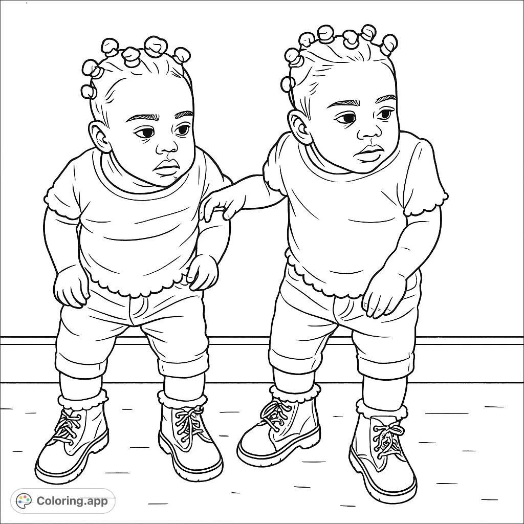 Capture the charm of two adorable twin toddlers in matching outfits. A delightful scene perfect for creative expression and family fun.