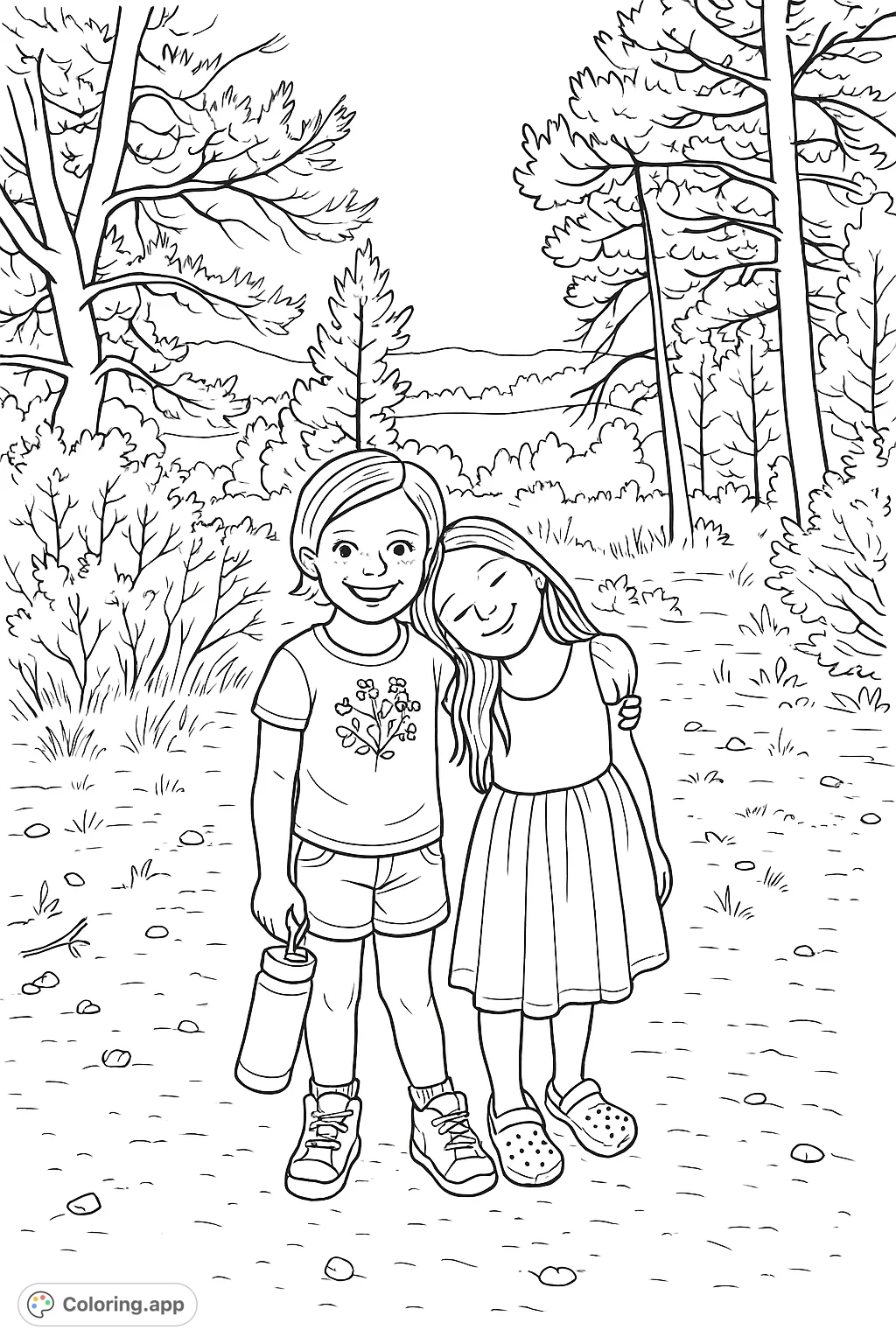 Two cheerful girls on a nature adventure, surrounded by trees and hills. A delightful scene for young colorists to bring to life with imagination.
