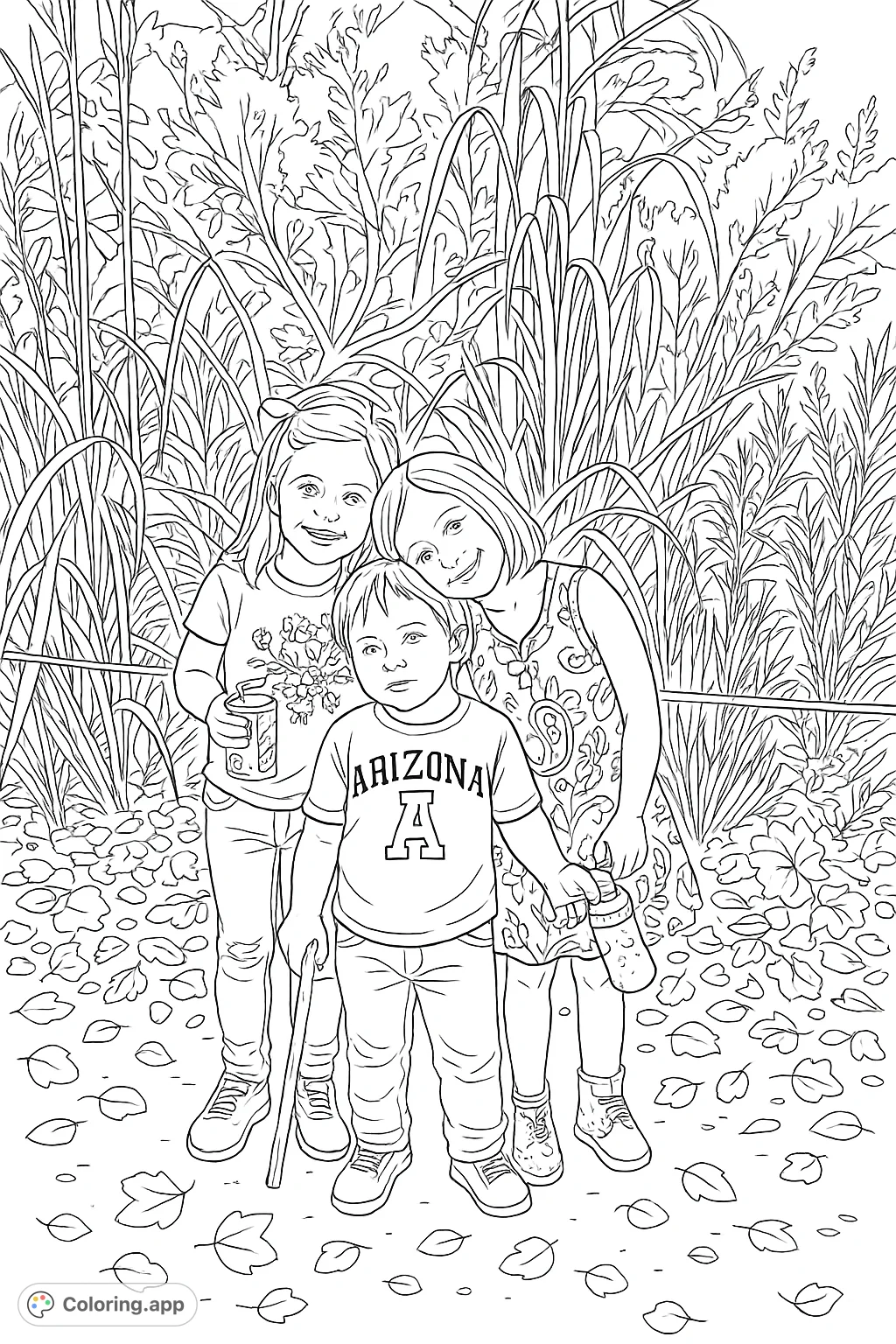 Three cheerful children pose amidst abundant foliage and scattered leaves, ready for a fun coloring adventure. Perfect for kids and families!