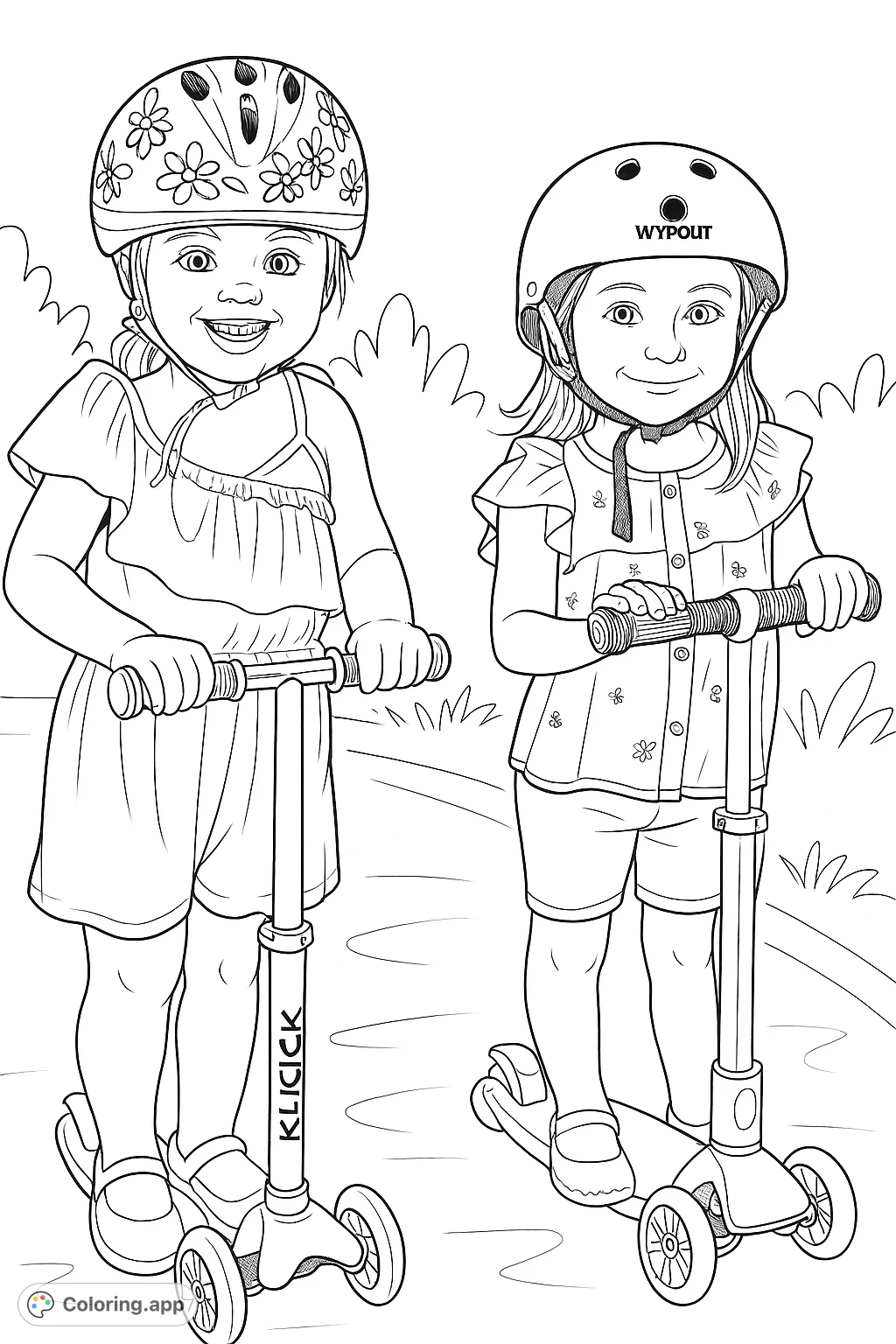 Two cheerful children in helmets, ready for adventure on their scooters. A delightful scene for young colorists to bring to life with vibrant hues.