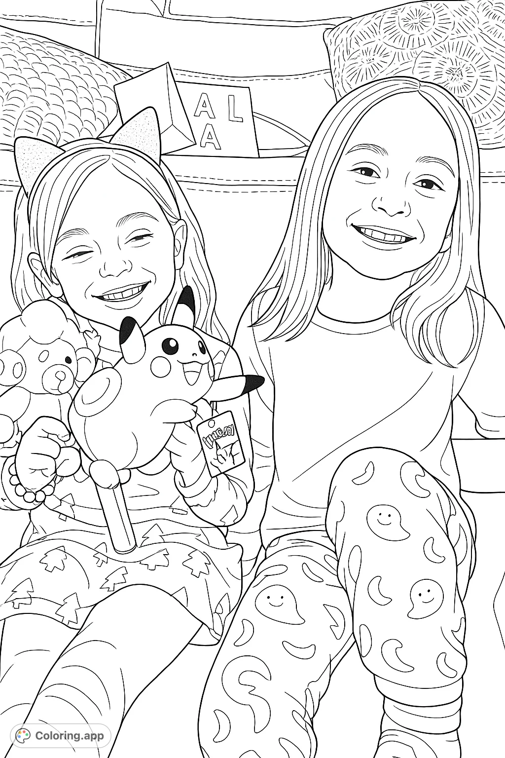 Two cheerful girls with their favorite plush toys, ready for a fun coloring adventure. Features festive pajamas and a cozy setting, perfect for kids.
