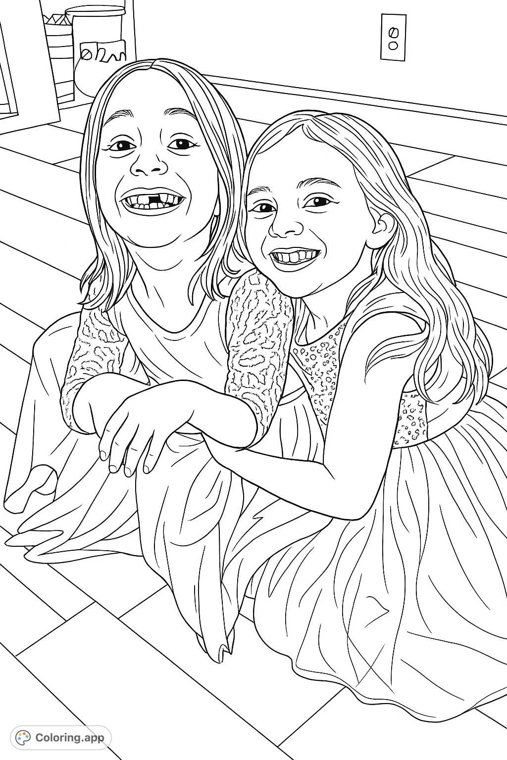 Two joyful girls with bright smiles, dressed in festive attire, sharing a warm embrace. A delightful scene for coloring.