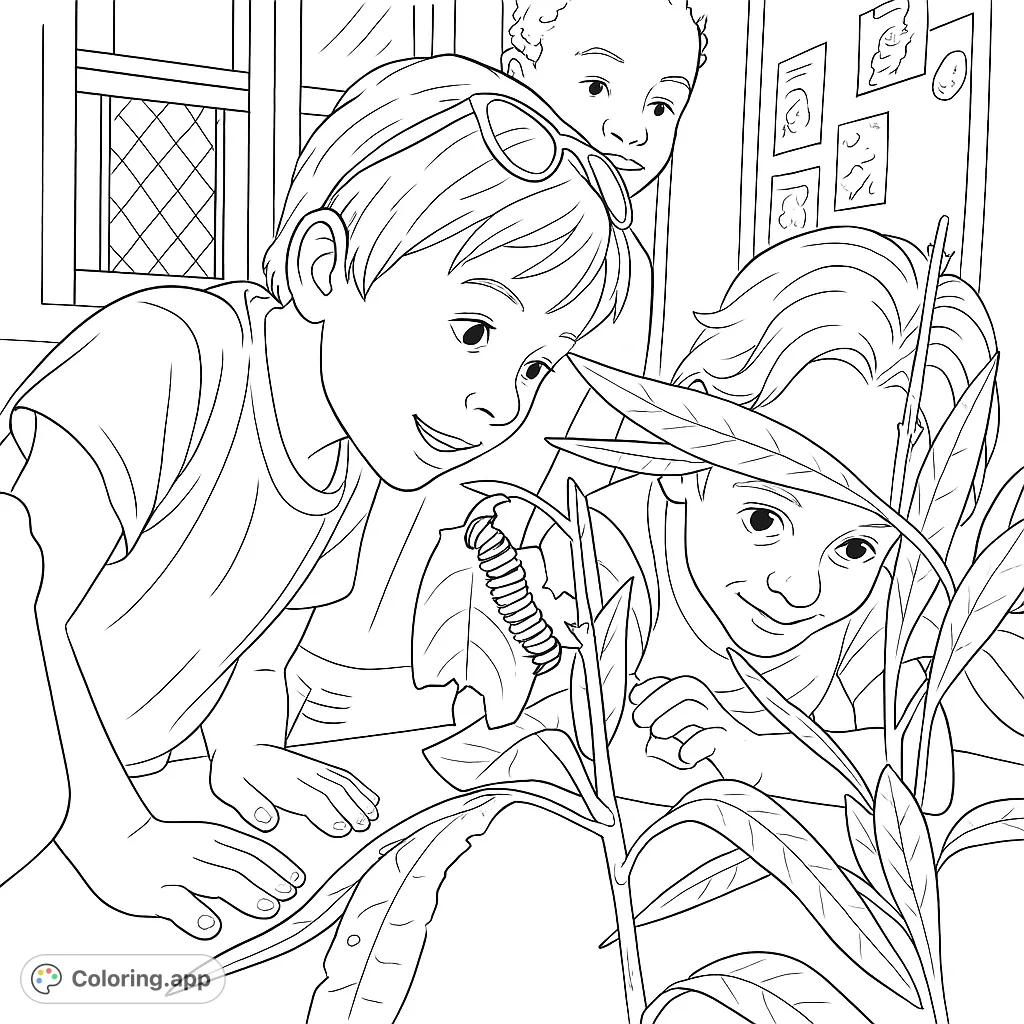 Two curious children observe a striped caterpillar munching on a leaf. A delightful nature discovery scene perfect for young explorers and learning about insects.