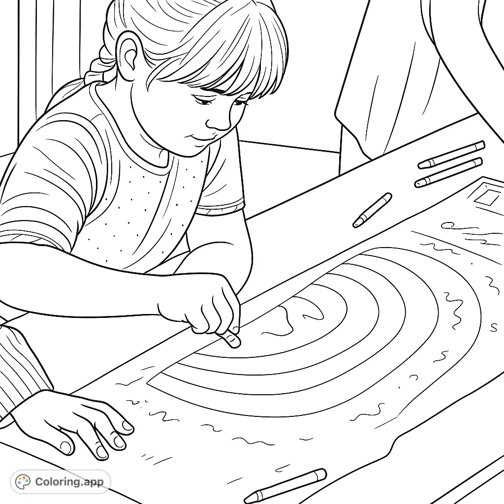 A focused young artist creates a vibrant, abstract design on a large sheet of paper, surrounded by art supplies. Perfect for inspiring creativity!
