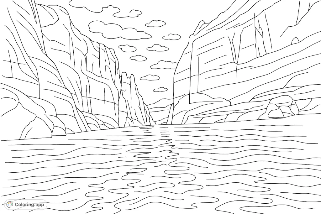Explore a serene canyon waterway with towering rock formations and reflective water. A simple, realistic nature scene perfect for all ages.