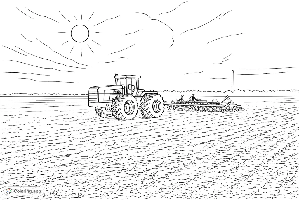 A powerful tractor works a vast field, pulling a tilling implement under a hazy sky. Perfect for farm machinery enthusiasts and those who love agricultural scenes.