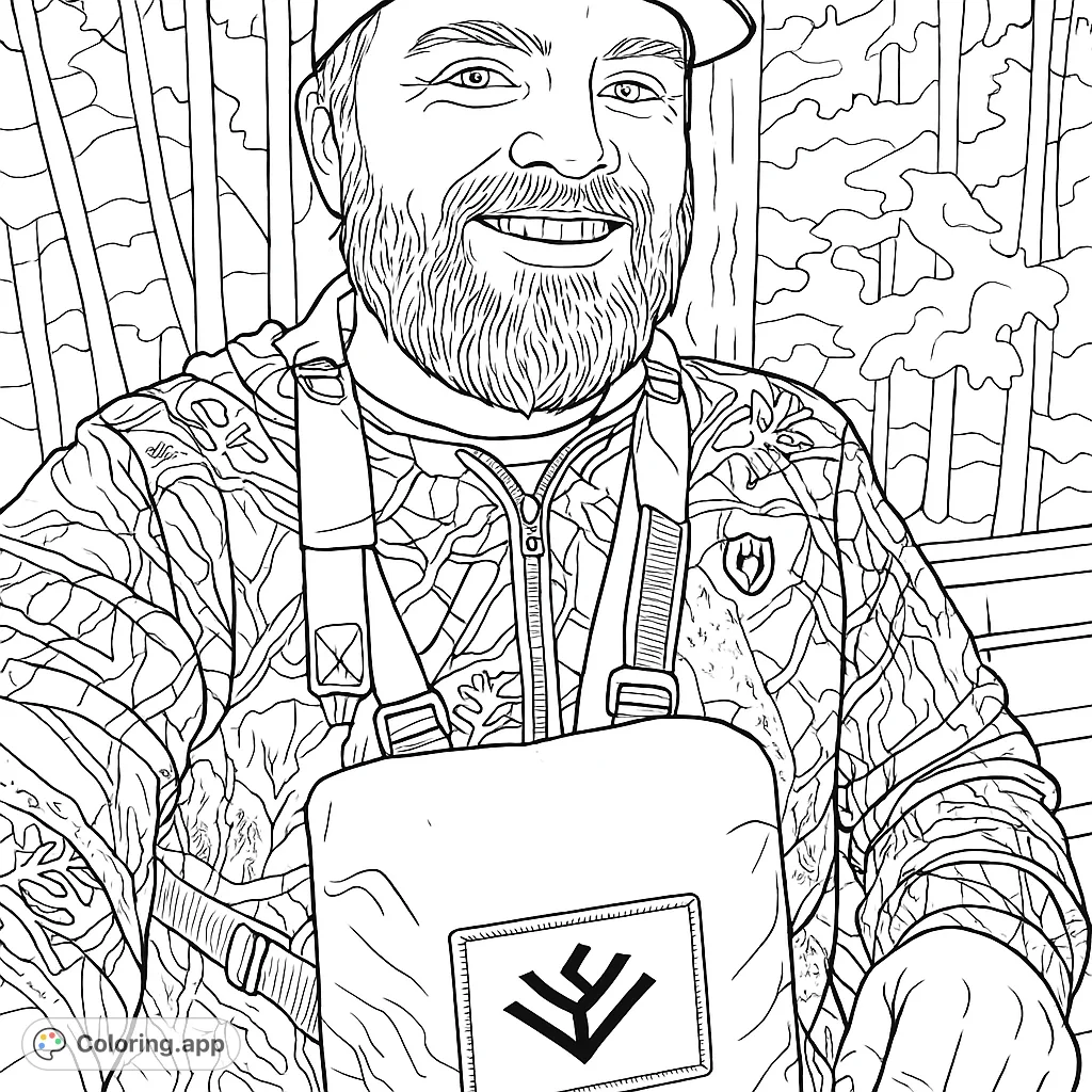 A detailed coloring page featuring a smiling man in intricate camouflage gear, set against a woodland backdrop. Perfect for outdoor enthusiasts.