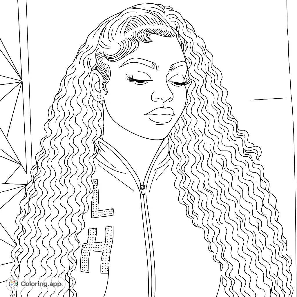 A captivating portrait featuring a person with long, voluminous curly hair and intricate baby hairs. Perfect for fashion enthusiasts and detailed coloring.