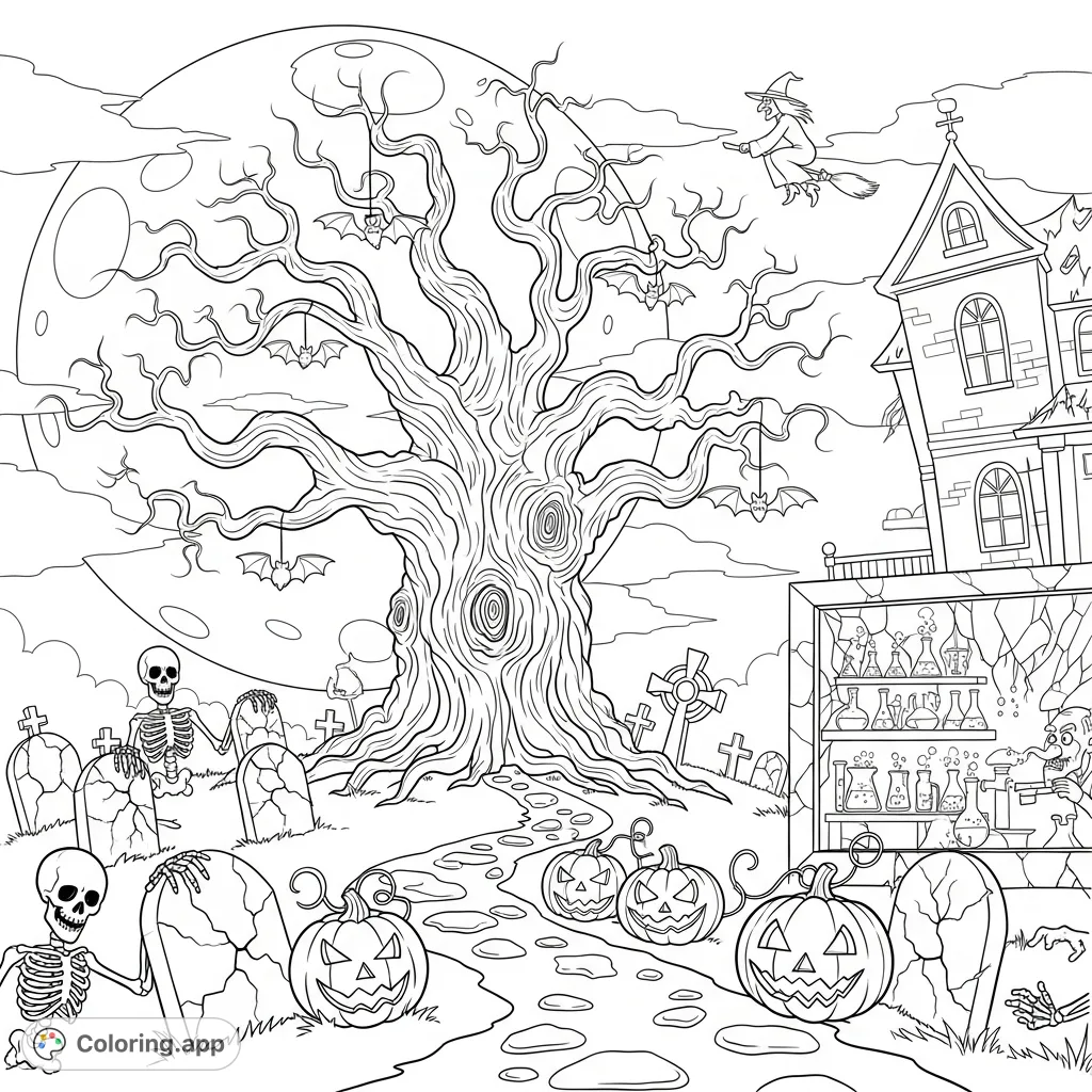 Explore a detailed Halloween coloring page featuring a gnarled oak, emerging skeletons, a witch, mad scientist's lab, and glowing pumpkins.