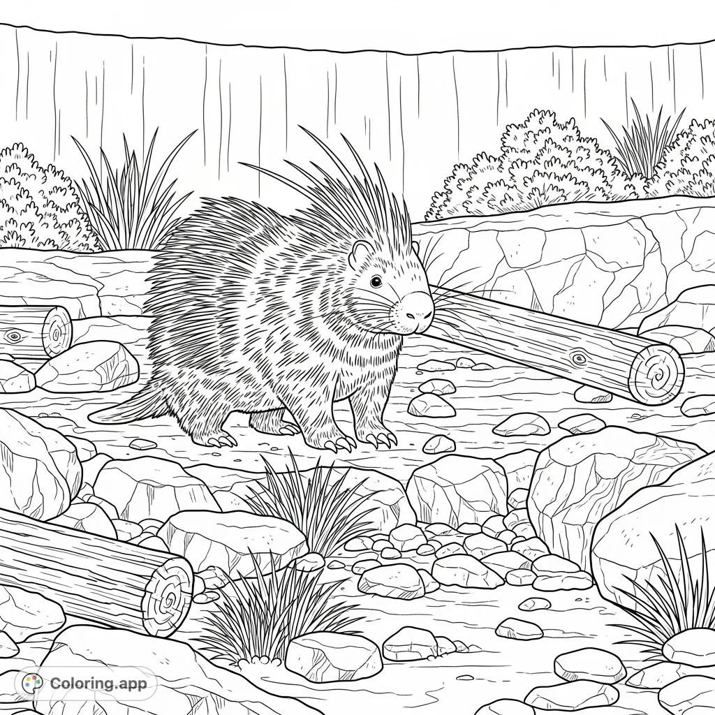 A detailed African crested porcupine coloring page, showcasing its unique quills within a naturalistic exhibit. Perfect for wildlife enthusiasts.