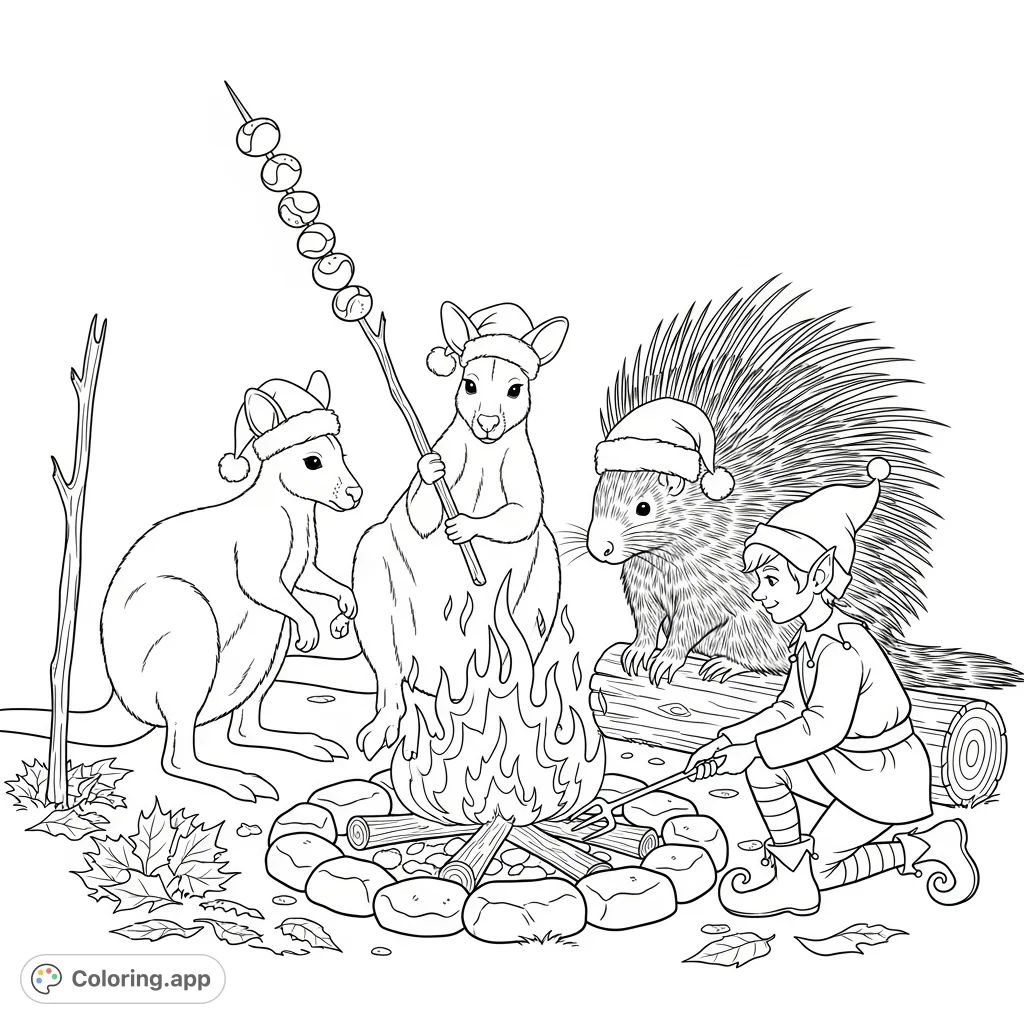 A charming scene of two wallabies, an African crested porcupine, and an elf gathered around a crackling fire, roasting chestnuts and enjoying the warmth.