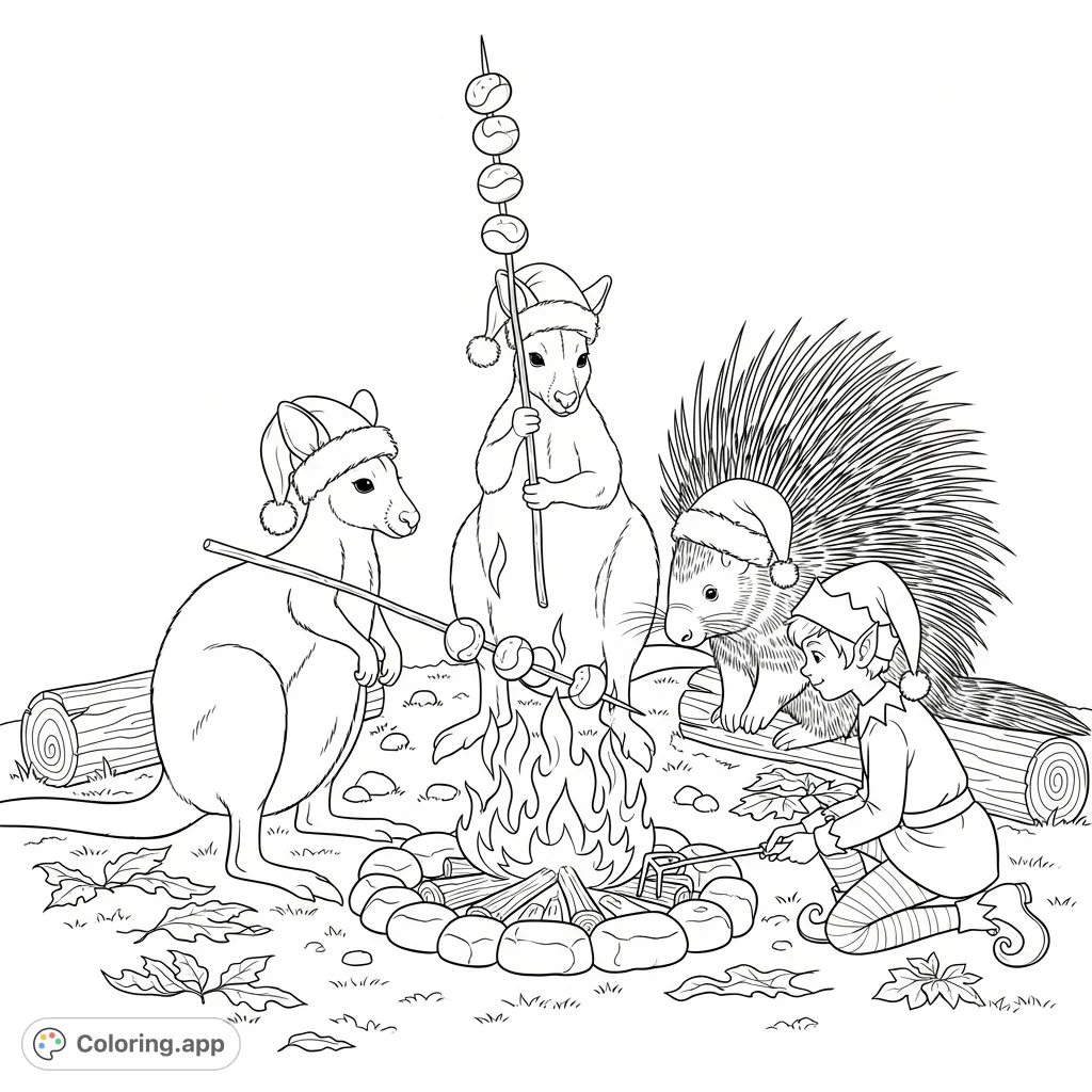 A charming scene of two wallabies, an African crested porcupine, and an elf gathered around a crackling fire, roasting chestnuts and enjoying the warmth.