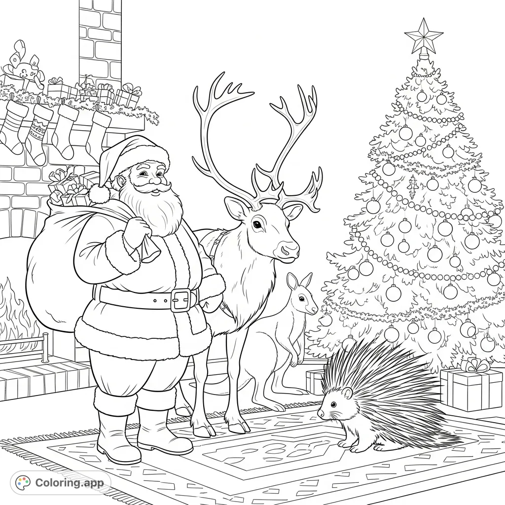 A heartwarming Christmas scene featuring Santa, his reindeer, a curious wallaby, and a porcupine gathered around a beautifully decorated tree. Perfect for holiday cheer!