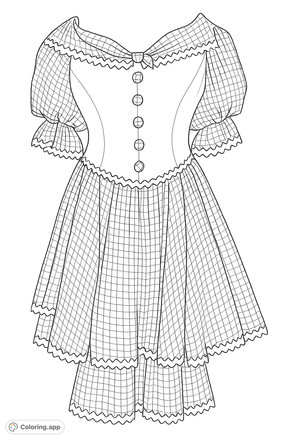 A delightful vintage-style dress featuring a gingham pattern, puffed sleeves, and charming rickrack trim, perfect for a fun coloring experience.