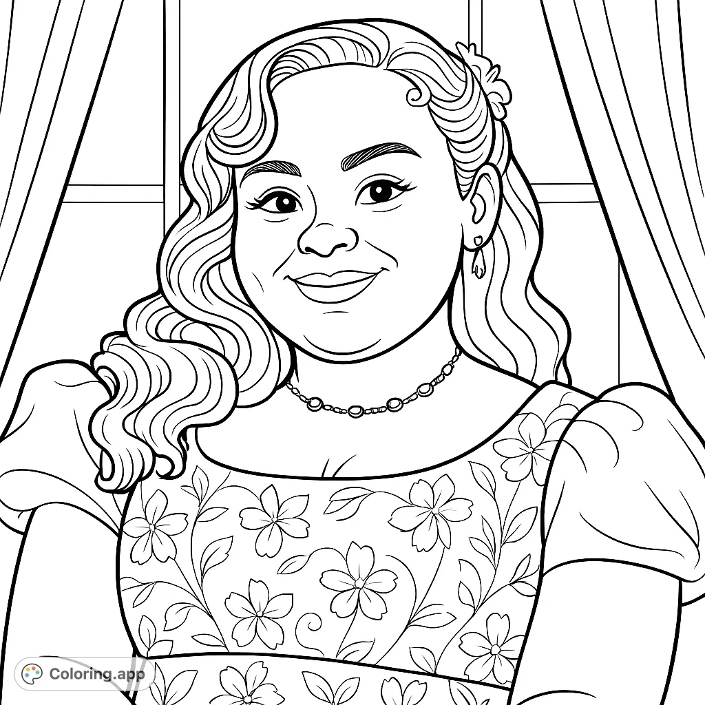 Capture the charm of a Regency-era lady with flowing curls, an elegant patterned gown, and delicate jewelry. A detailed portrait for creative coloring.
