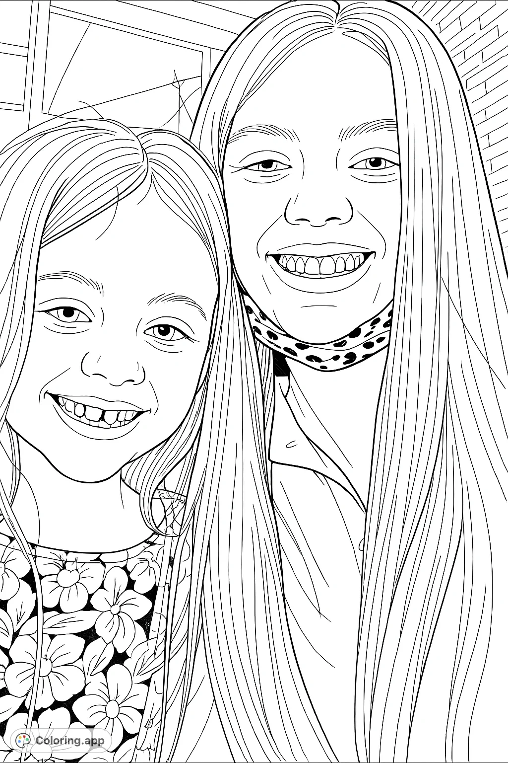 A heartwarming coloring page featuring two smiling girls, one younger with a missing tooth, the other older with long hair and a patterned scarf. Perfect for family fun!