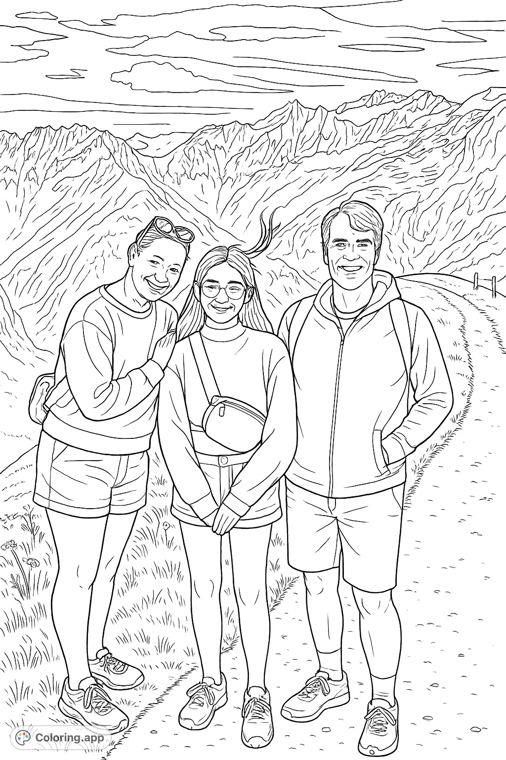 Capture a joyful family moment amidst majestic mountains. This realistic mountain family coloring page features three hikers on a scenic trail, perfect for all ages.