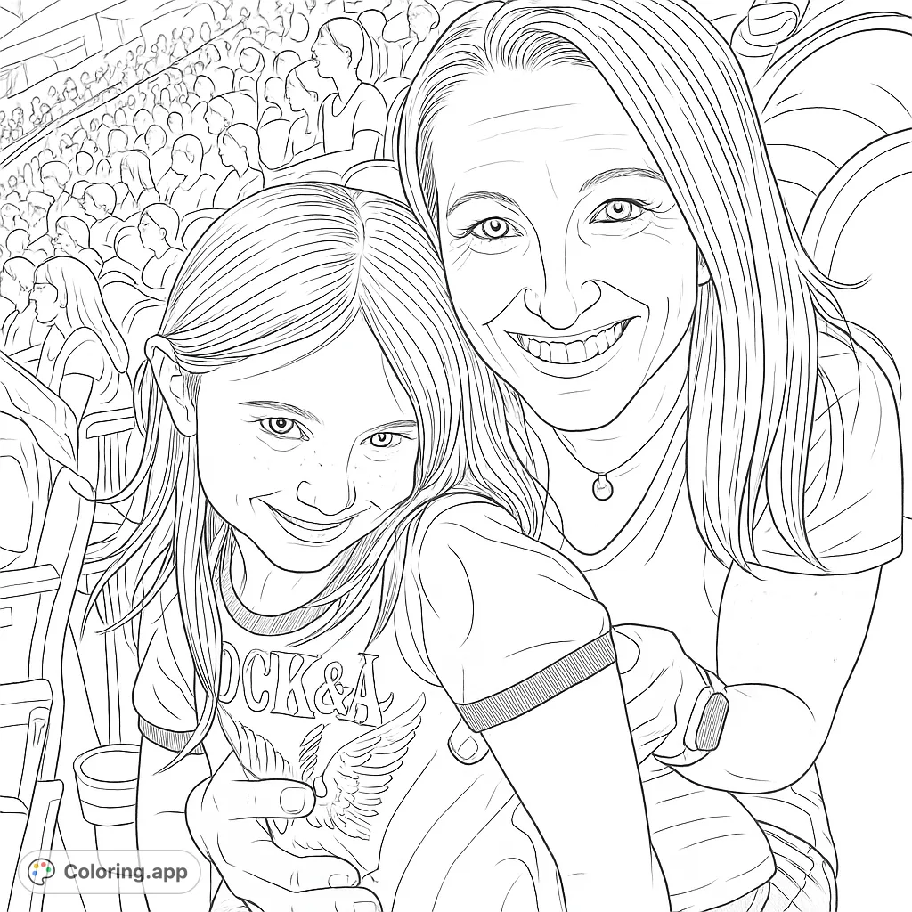 Capture a heartwarming moment between a mother and daughter at a lively event. This concert coloring page features smiles, a crowd, and fun details.