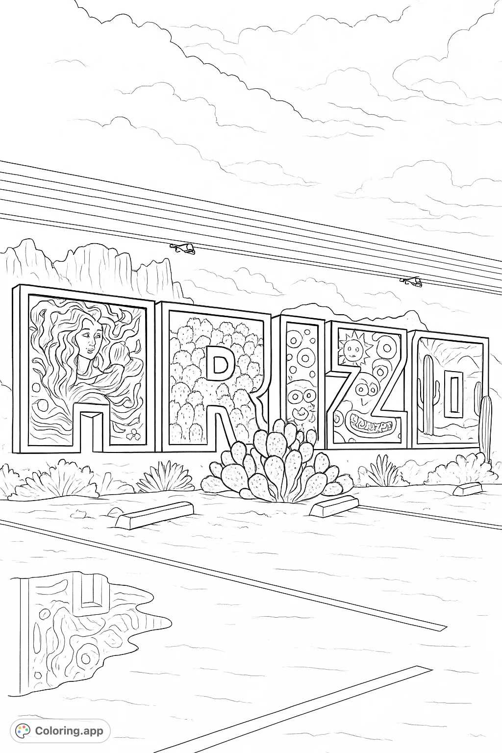Explore a vibrant Arizona mural featuring stylized letters filled with unique designs, from abstract faces to whimsical creatures, set against a mountain backdrop.