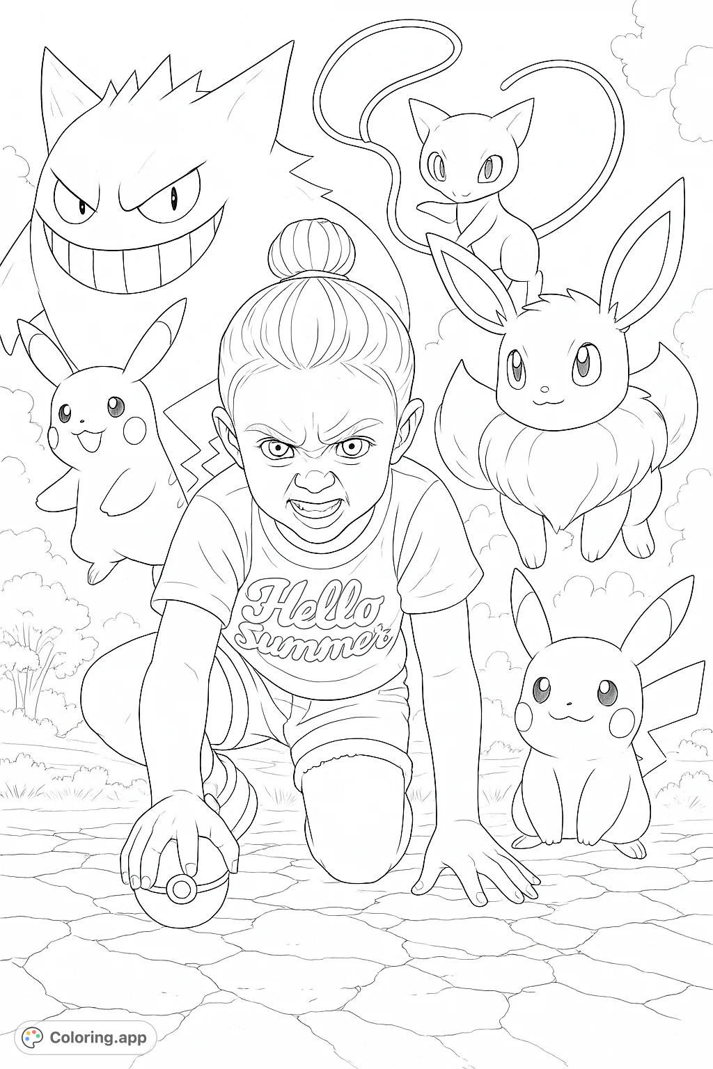 Join a determined child and their favorite Pokémon companions in an exciting adventure. This dynamic scene features iconic creatures and a spirited young trainer.
