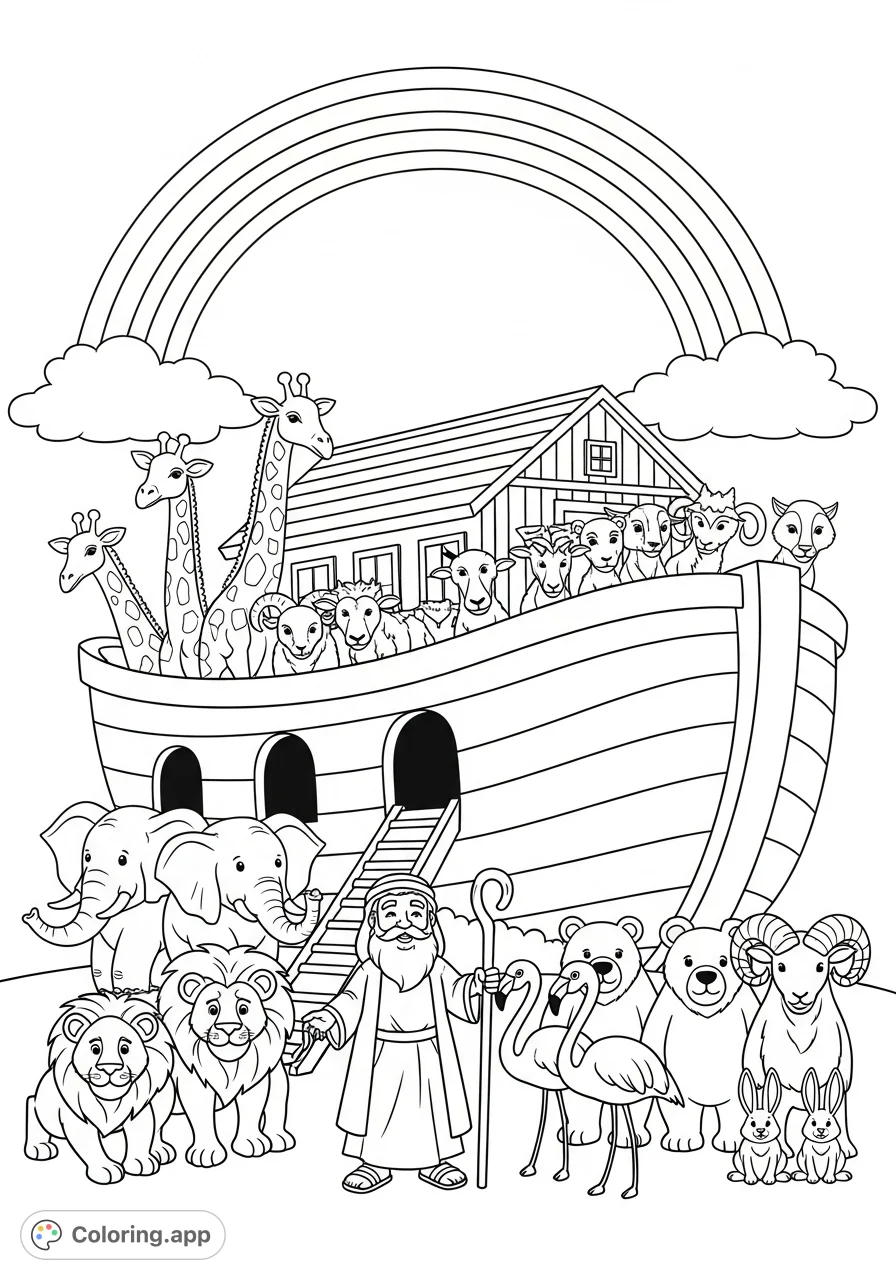 Embark on a biblical journey with Noah and a parade of animals. This free printable Noah's Ark coloring page is perfect for all ages.