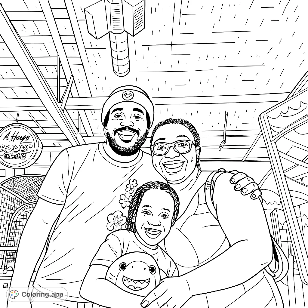 A heartwarming family portrait at an arcade, featuring a smiling trio amidst games and fun. Perfect for celebrating family bonds and joyful moments.